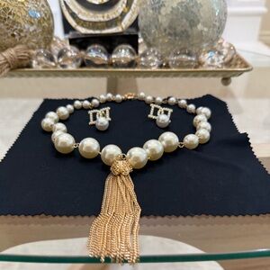 Gold Tassel Cream Pearl Necklace with Matching Earrings